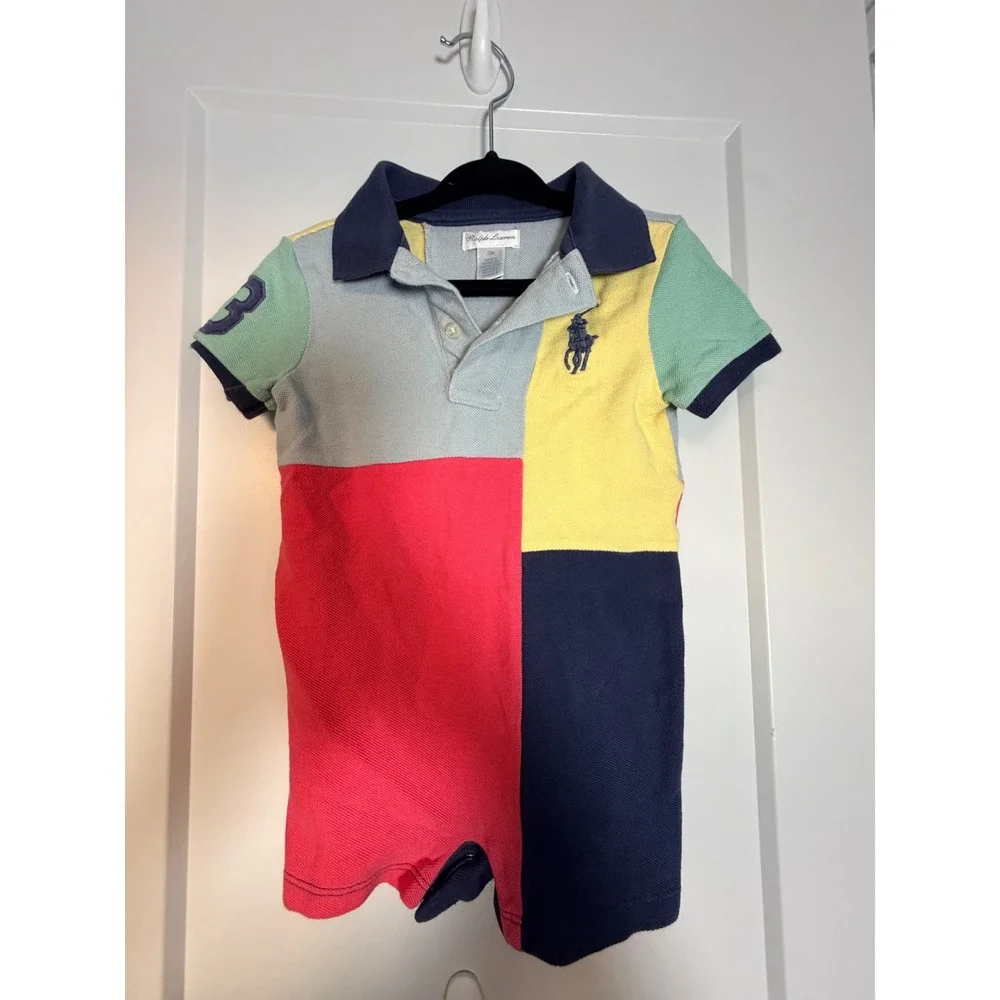 Ralph Lauren Baby Boys Colorblock Polo Romper Multi Color 12M Short Sleeve_147